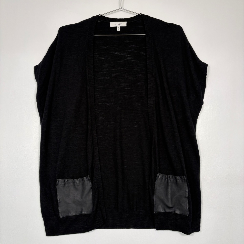 Milly Womens Cardigan Sz P (0-2) Black Leather Pocket Wool Blend Open Front Vest